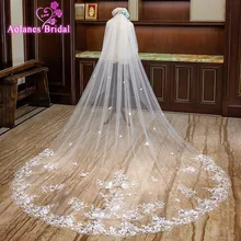 Цвет слоновой кости, натуральный белый тюль, длина 3 м, ширина 3,5 м, свадебная фата для собора с гребнем, с аппликацией по краям, двухслойная Фата невесты