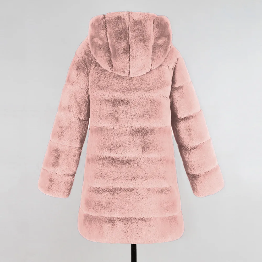 KLV 3XL пальто женское модное роскошное пальто из искусственного меха с длинным рукавом и капюшоном осень зима теплое зеленое розовое длинное пальто размера плюс z1126