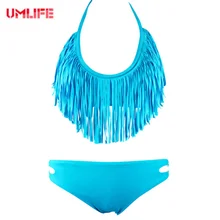 UMLIFE Big Sale Sexy Bikini Solid Tassel Bikini Set Women Fringe Padded Swimming Suit Female Multicolor Push Up Swimming S sexy style strapless pink fringe women s bikini set