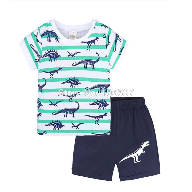 summer boys clothes dinosaur model cotton short sleeve stripe T-shirt+shorts 2 pieces clothing set casual children clothing