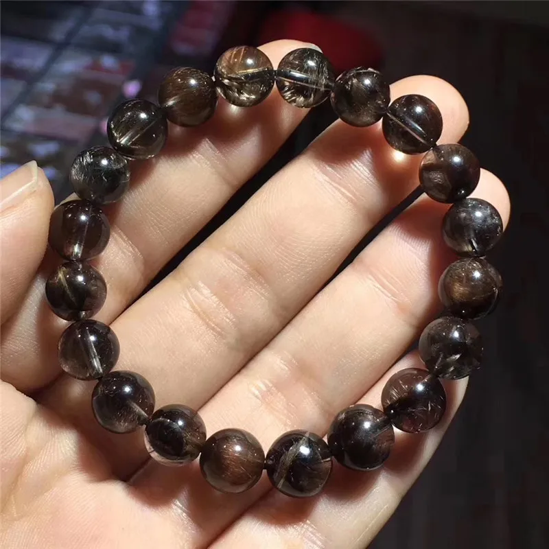 

Natural Brookite Platinum Silver Rutilated Quartz Crystal 9.4mm Round Beads Woman Man Lucky Anniversary Gift Gemstone Bracelet