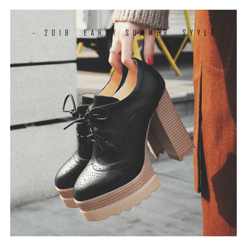 2019 Spring Fashion Women Pumps Platform Heels Rubber Black Lady Casual Brogue Shoes Leather Lacing High Heels Footwear Big Size (2)
