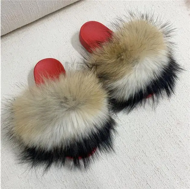 

Fox Fur Slides Big Size 2018 Open Toe Fluffy Real Hair Low Platform Slippers Slip On Flip Flops Furry Women F Shoes