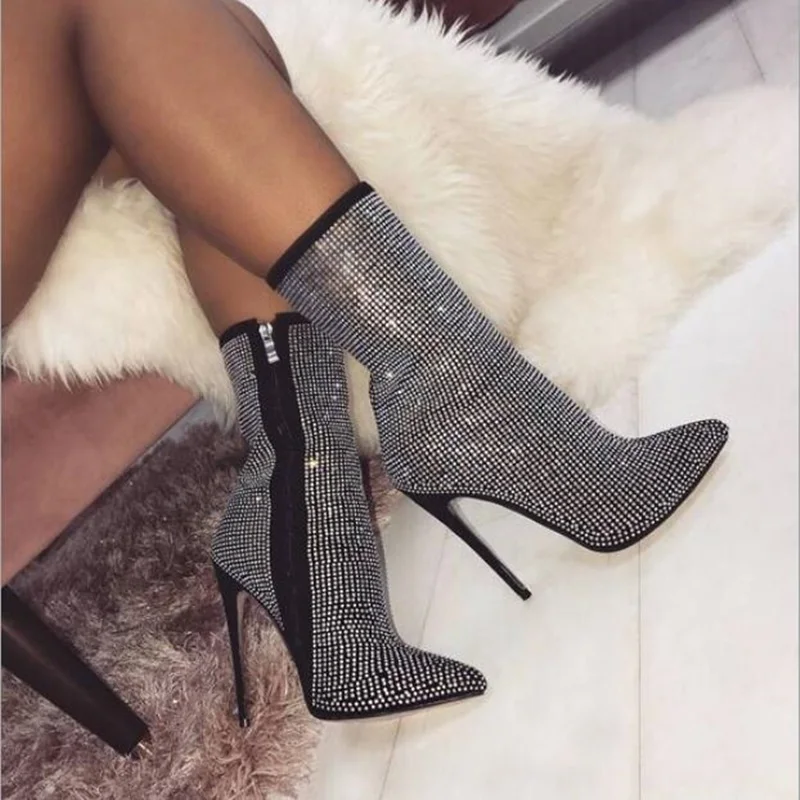Women Bling Bling Pointed Toe Side Zipper Glitter Boots Fashion Crystal Embellished Mid Calf