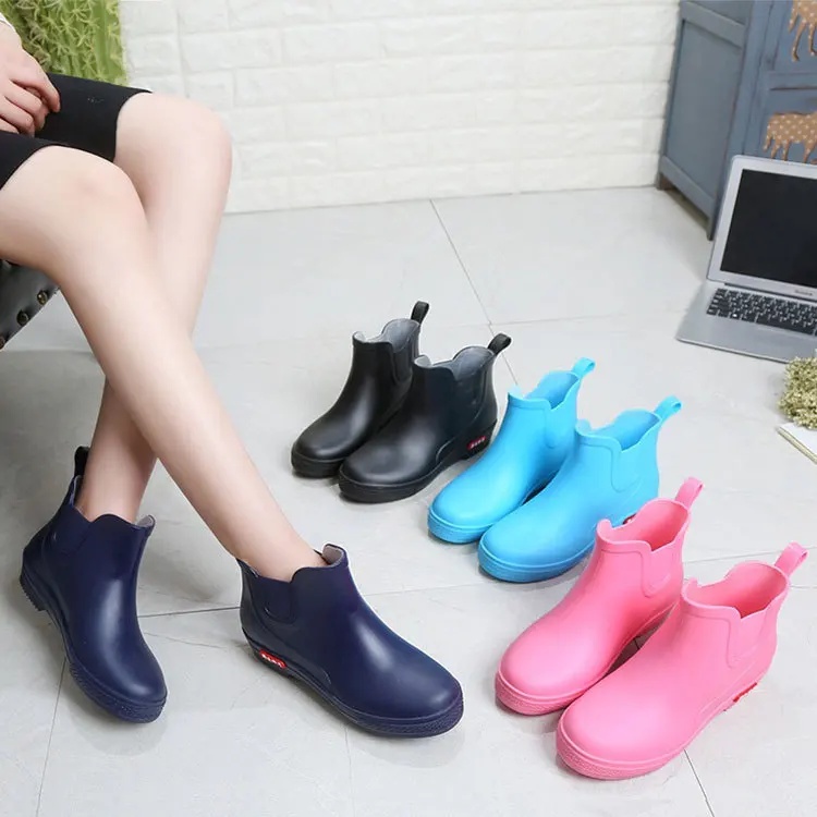 

Ankle Round Toe Low Rubber Women Waterproof Rainboots Solid PVC Non-Slip Rain Boots Slip-On Shoes