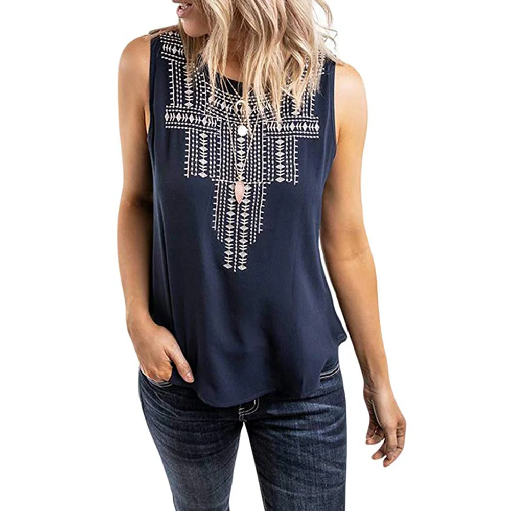 

Women Blouse Boho Sleeveless O Neck Totem Print Tops Summer Casual Shirts Beach Party Streetwear Tops mujer verano 2019 D30
