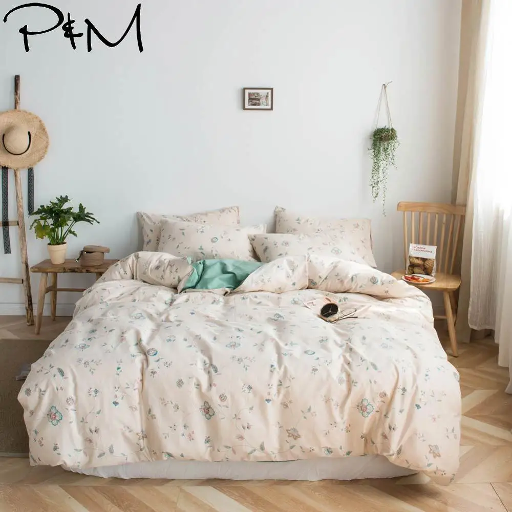 

2019 INS Korean Floral Leaves Beige Duvet Cover Set Flat Fitted Sheet Cotton Bedlinens Hypoallergenic Twin Queen King Bedlinens