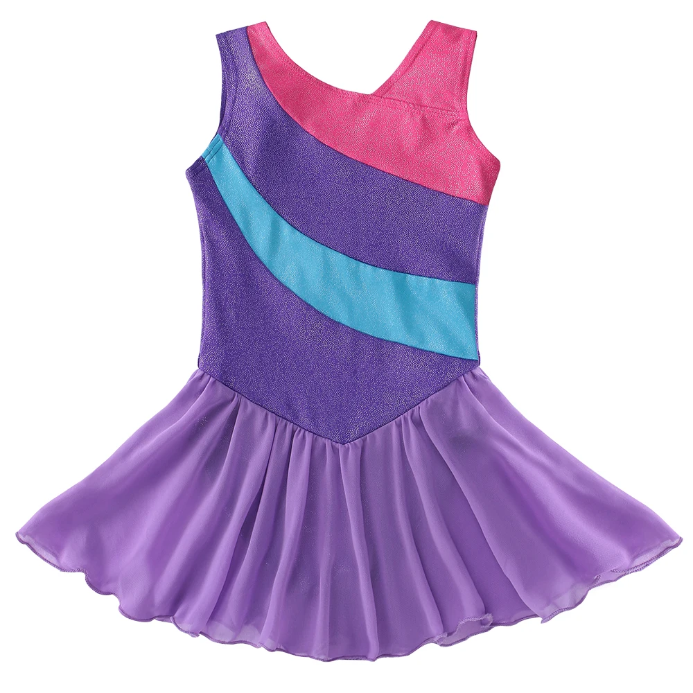 Girls Dress Ballet Dance Costumes Sleeveless Purple Stripe Tulle Skirt