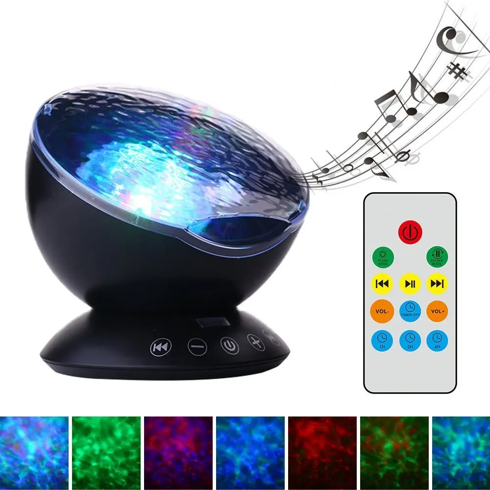 

Top Deals Starry Sky Remote Control Ocean Wave Projector Built-in Mini Music Player Novelty 7 Color Changing LED Night Light