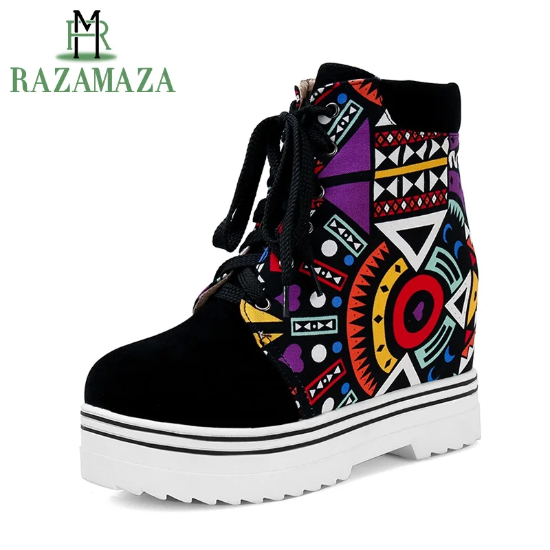 

ZALAVOR Women Ankle Boots Lace Up Warm Fur Winter Shoes Woman Colorful Graffiti Thick Bottom Inside Heels Boots Size 34-43