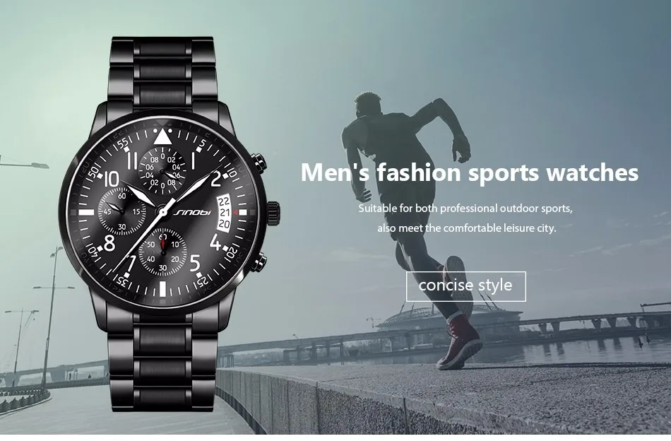SINOBI наручные часы с хронографом мужские часы с датой водонепроницаемые кварцевые часы для мужчин спортивные часы с полностью из нержавеющей стали