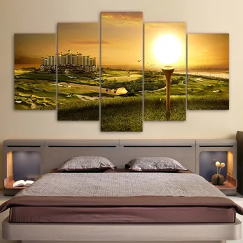 

Modern Canvas HD Wall Art Frame 5 Pieces Sunset Golf Course Building Landscape Living Room Home Decor Shipped 24 Hour