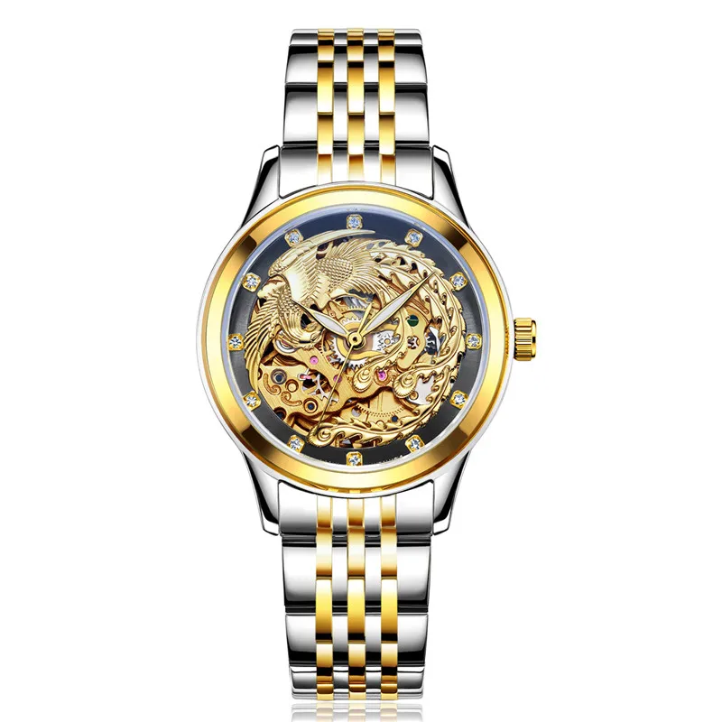 Kobiet zegarka роскошные мужские наручные часы с драконом и Фениксом женские Полые светящиеся гравировальные автоматические механические часы золотые часы - Цвет: women 10