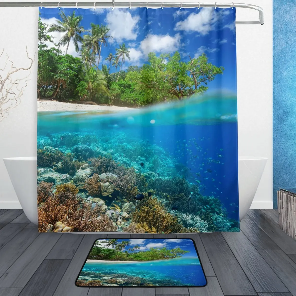 Beach Ocean Sea Landscape Shower Curtain and Mat Set, Tropical Palm