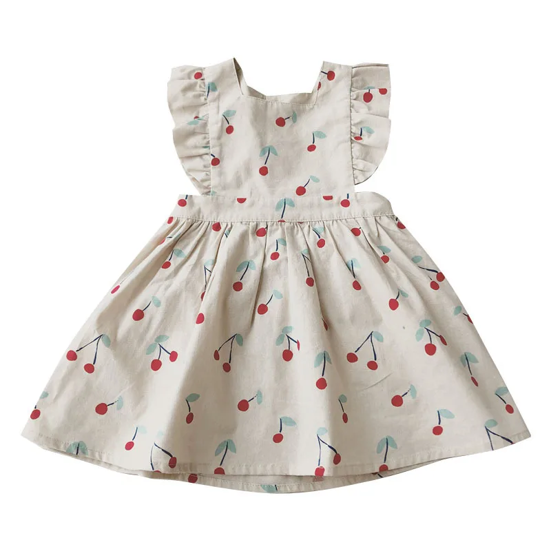 

Summer Cherry Full Pattern Printed Baby Girls Princess Dress Cherry Print Party Boutique Cotton Linen Dress for Girls Clothes