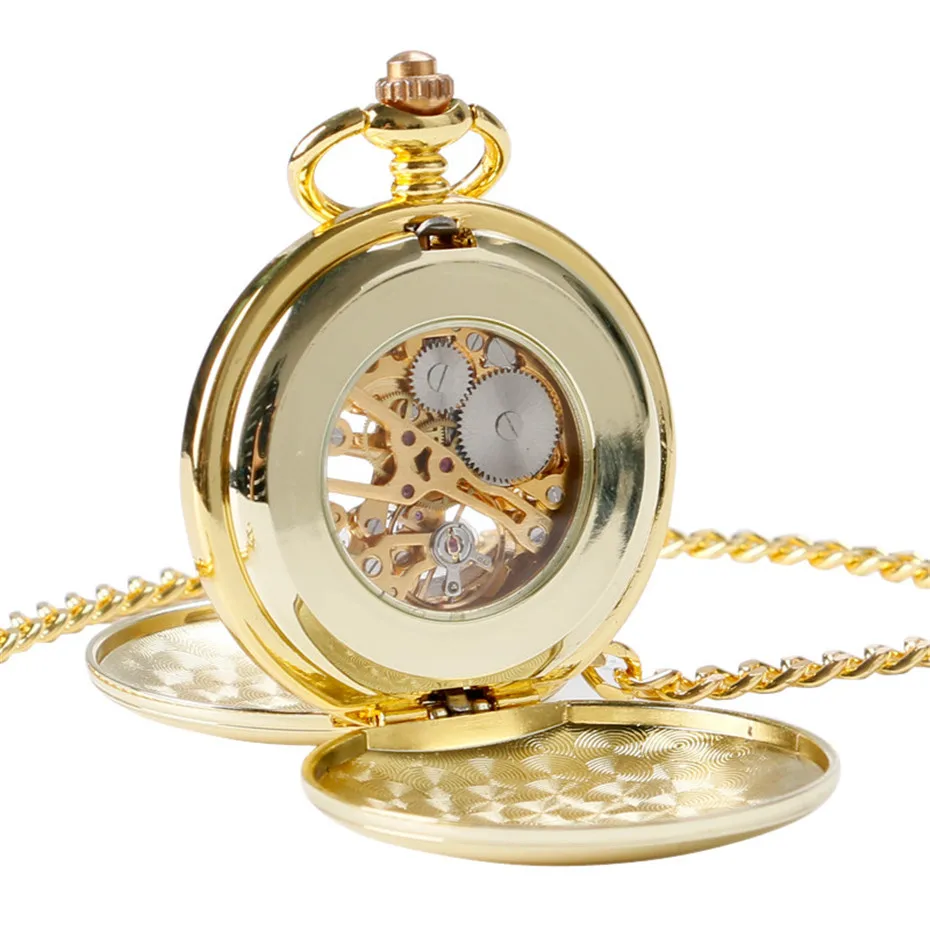 Fashion Golden Smooth Double Hunter Case Roman Number Skeleton Steampunk Hand-wind Mechanical Pocket Watch for Men Women (9)