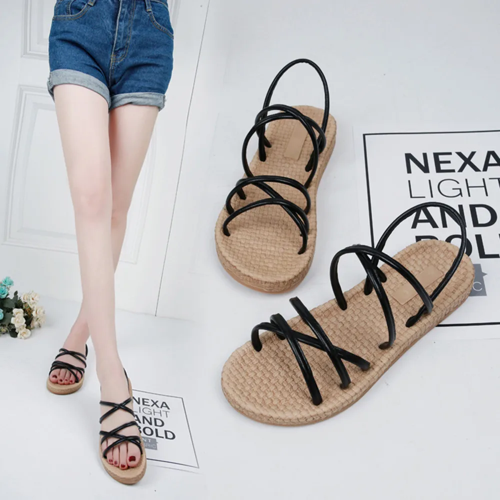 Women Solid Flat Shoes Bandages Bohemia Leisure Lady Sandals Slippers | Обувь