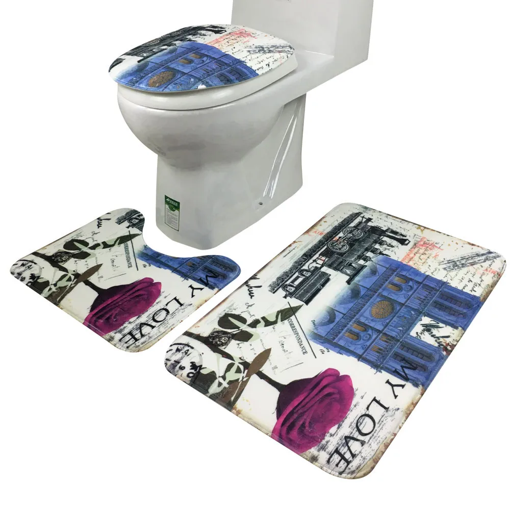 

3Pcs/set Bathroom Non-Slip Blue Ocean Style Pedestal Rug Lid Toilet Cover Bath Mat
