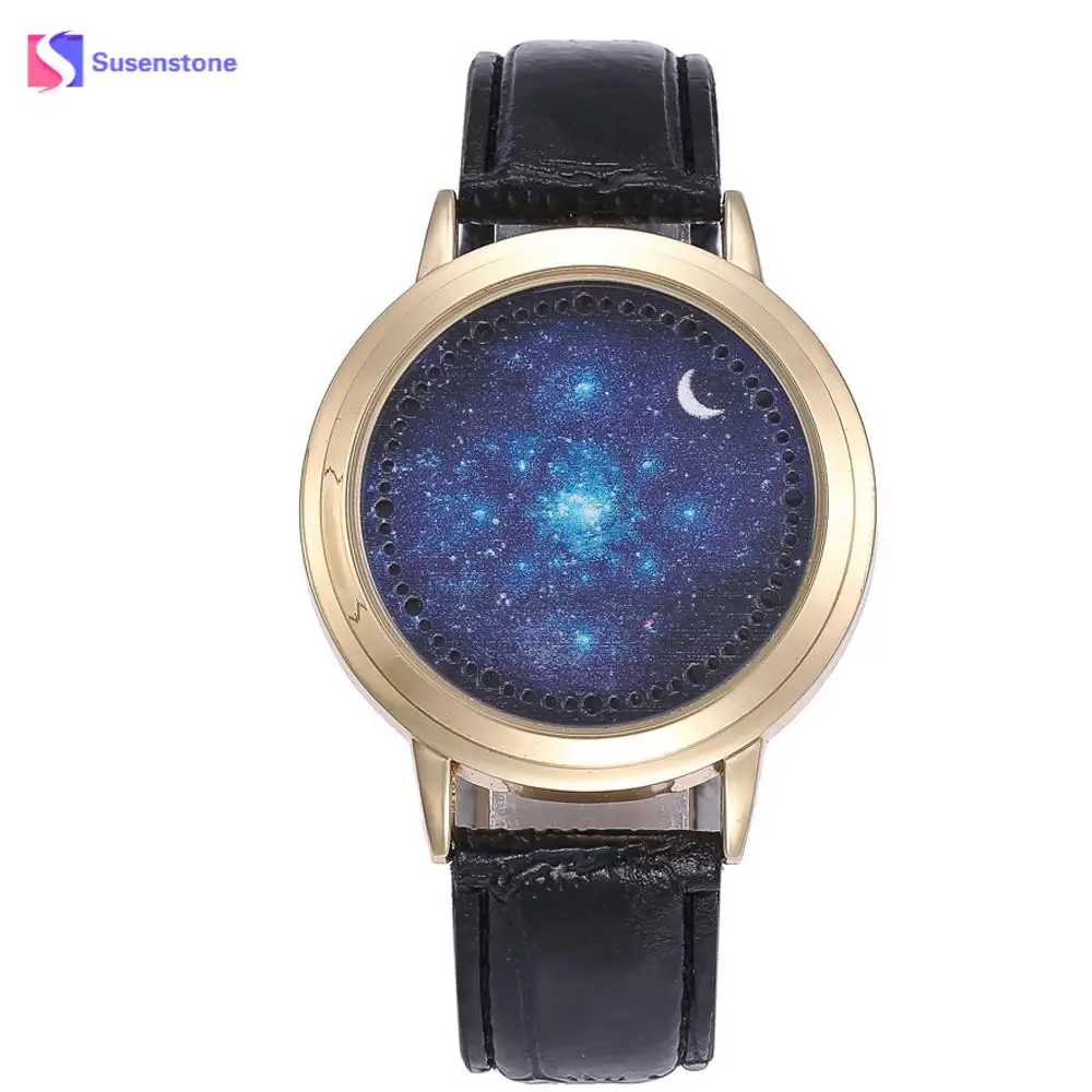 

Fashion Brand Men's LED Starry Sky Moon Unisex Leather Band Analog Casual Quartz Vogue Watches Hours Wrist watch Male Clock