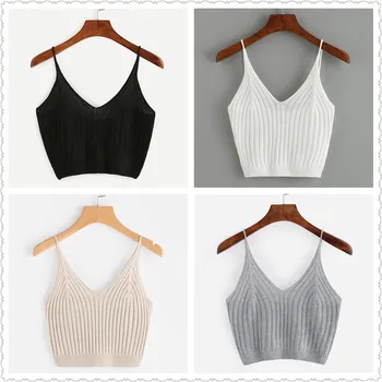 

Women Sexy Soft Slim Sling Knit Vest Solid Color Sleeveless Slim Short Blouse V-neck High Elastic Bottoming
