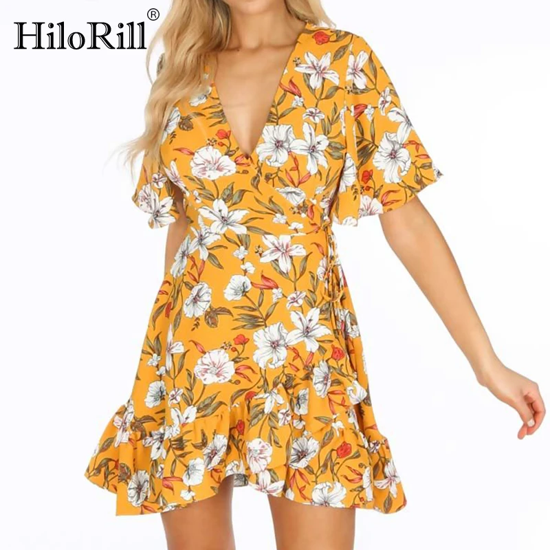 

Dress Women 2019 Summer Boho Floral Print Beach Dress Sexy Deep V-Neck Wrap Mini Party Dress Elegant Ruffles Short Sleeve Robe