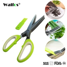 WALFOS Multi-functional Stainless Steel Kitchen Knives 5 Blades Scissors Sushi Shredded Scallion Cuttter Herb Spices