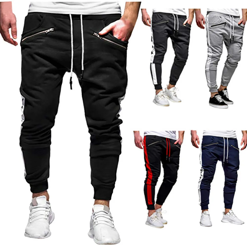 2019 Men's zipper solid color jogging pants casual pocket sports cargo pants outdoor sports harem pants men Quick drying 40J6 (1)