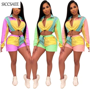 

Summer Style Contrast Color Patchwork Two Piece Set Short Sets For Women Pullover Loose Playsuits Casual Outfits Activewear