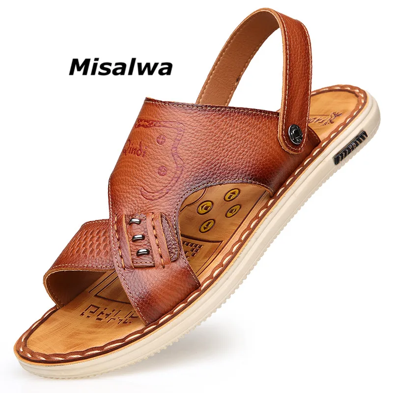 

Misalwa 2019 Slide Sandals Men Summer Korean Stylish Light Quality Driving Slippers Split Leather Brown Khaki Beach Water Shoes