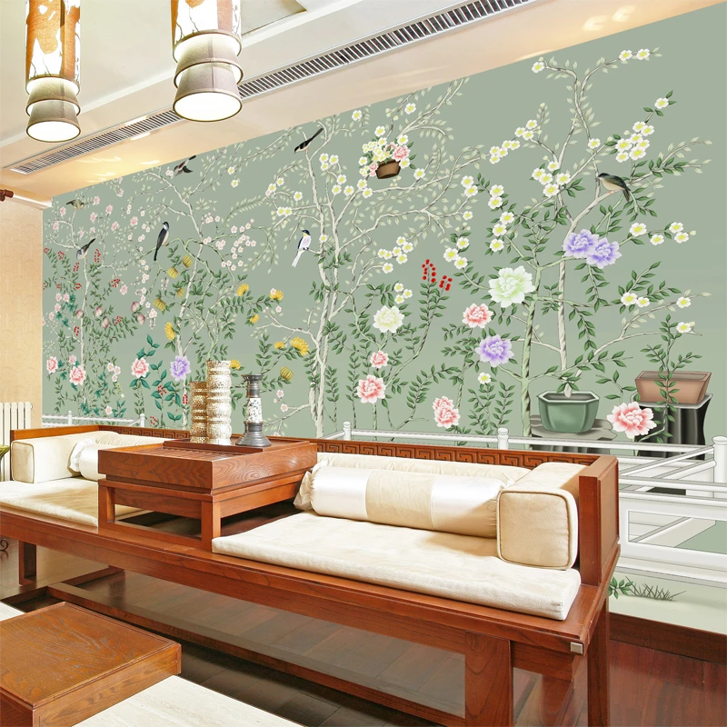 

Free shipping Seamless mural of modern Chinese flower and bird YuLan hand-painted wallpaper TV background wall Custom Size