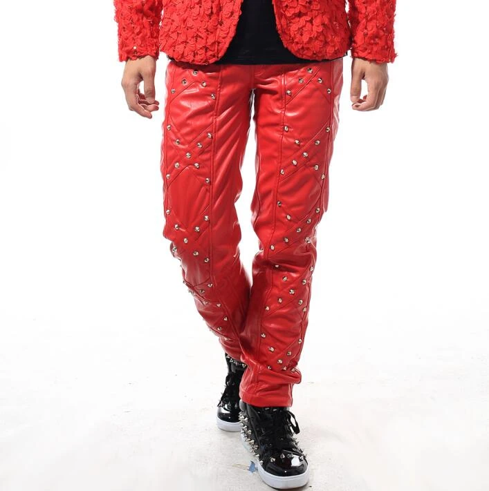 red pu pants
