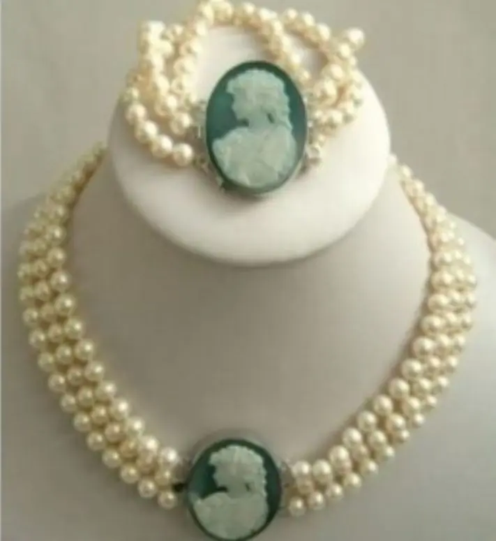 

FREE SHIPPING>>>@@ > 3Strand 7-8mm White Akoya Pearl Cameo Necklace Bracelet