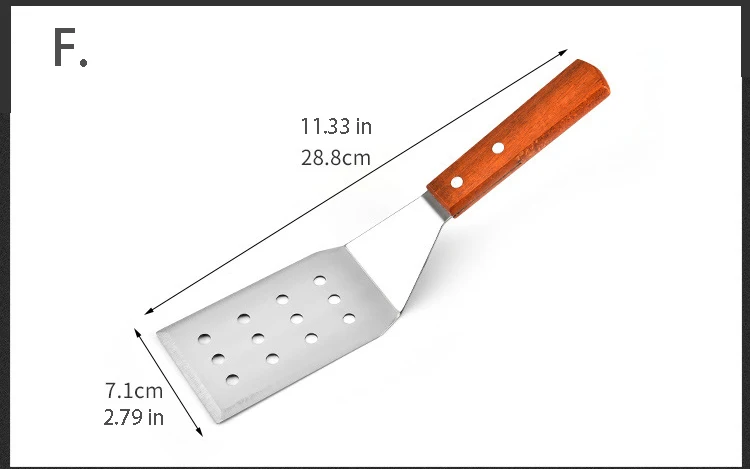 Кухонный шпатель, деревянная ручка, гриль, Тернер, нержавеющая сталь, металл, скребок для блинов, теппаняки, Hibachi, сковорода, кухонная утварь - Цвет: F