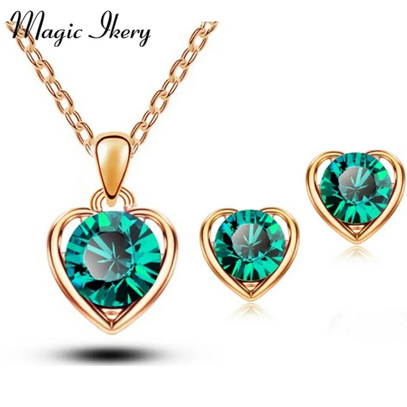 

Magic Ikery Gold Silver Color Crystal Heart Fashion Costume Jewelery Bridal Jewelry Sets For Women Necklace Earrings Set 1331