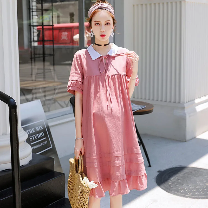 

Korean Version Of Pregnant Women Cotton Linean Solid Color Mid-Length Lapel Dress