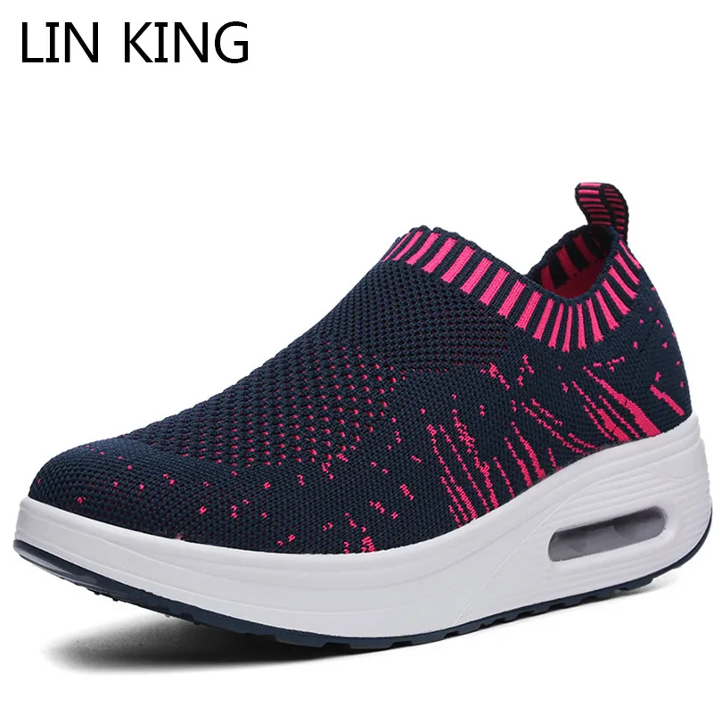 

LIN KING Breathable Mesh Knit Women'S Swing Shoes Height Increase Platform Shoes Casual Shallow Slip On Female Wedges Loafers