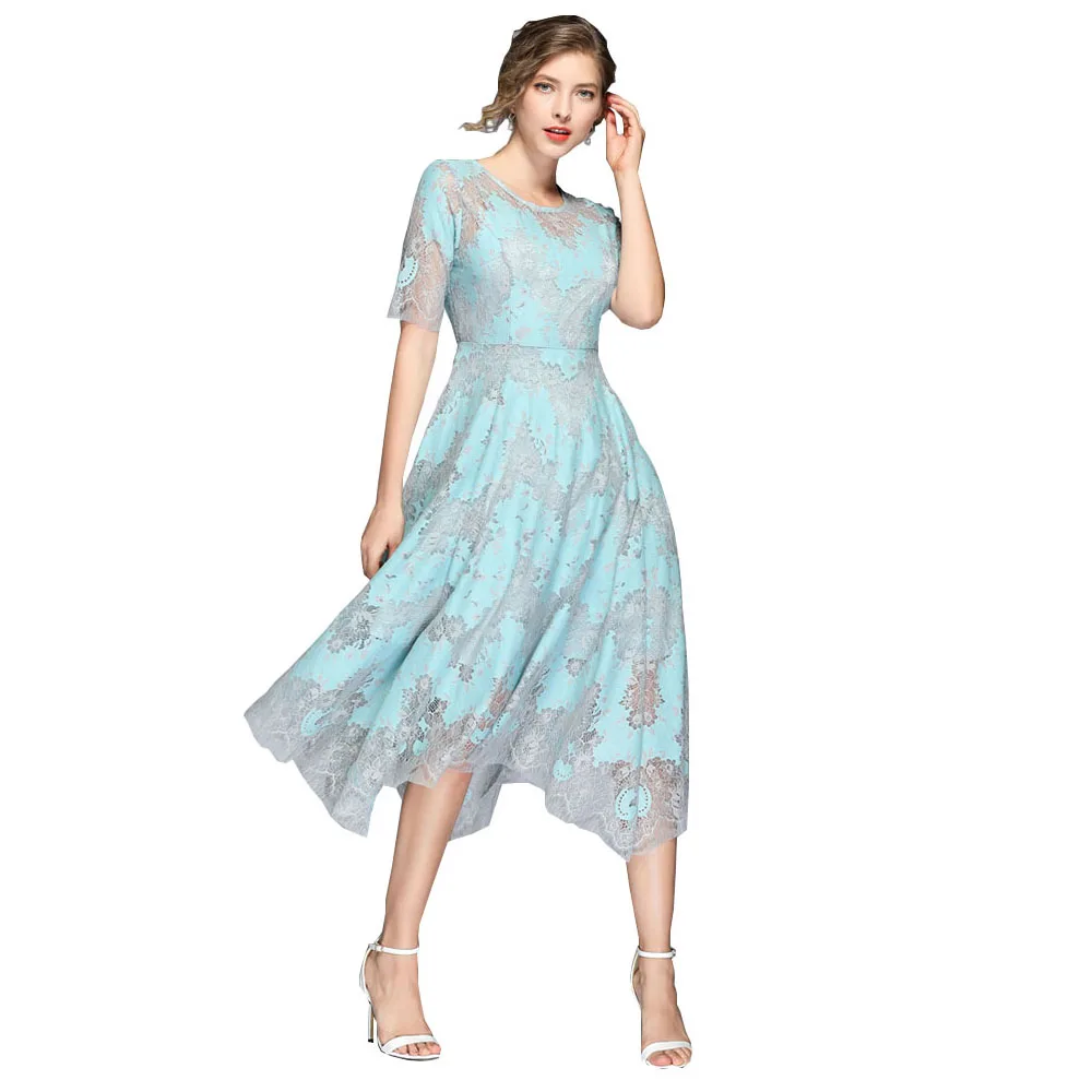 

Summer New Woman Lace Dress O-neck Female Midi Length Dress Half Sleeve Laces Dress Woman 2019 Slim A-line Dress