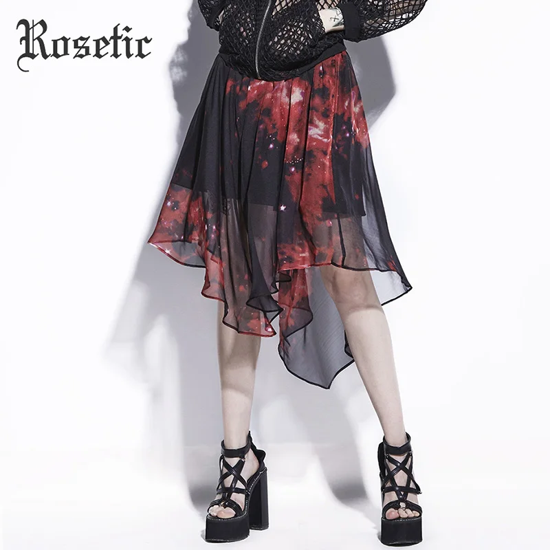 

Rosetic Gothic Skirt Asymmetrical Red Print Women Summer Beach Casual Goth Skirt Fashion Young Girl Bottoms Chiffon Gothic Skirt