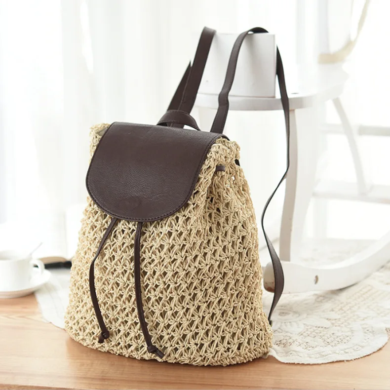 

Women Backpacks Rattan Shoulder Bag for Students Girls Lady Crochet Straw School Bags Travel Outing Paper Rope Softback
