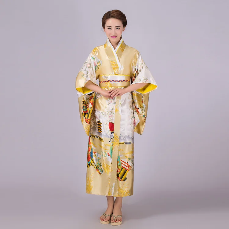 Yellow new Japanese Women's Silk Satin Kimono Yukata Evening Dress ...