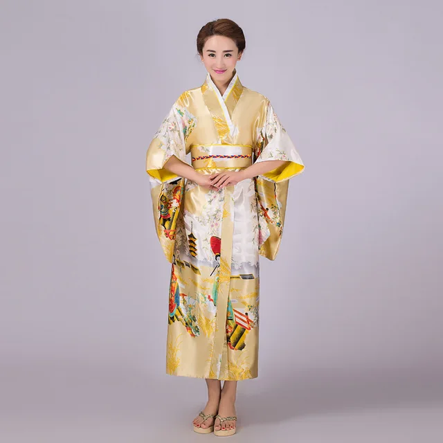 Yellow new Japanese Women's Silk Satin Kimono Yukata Evening Dress