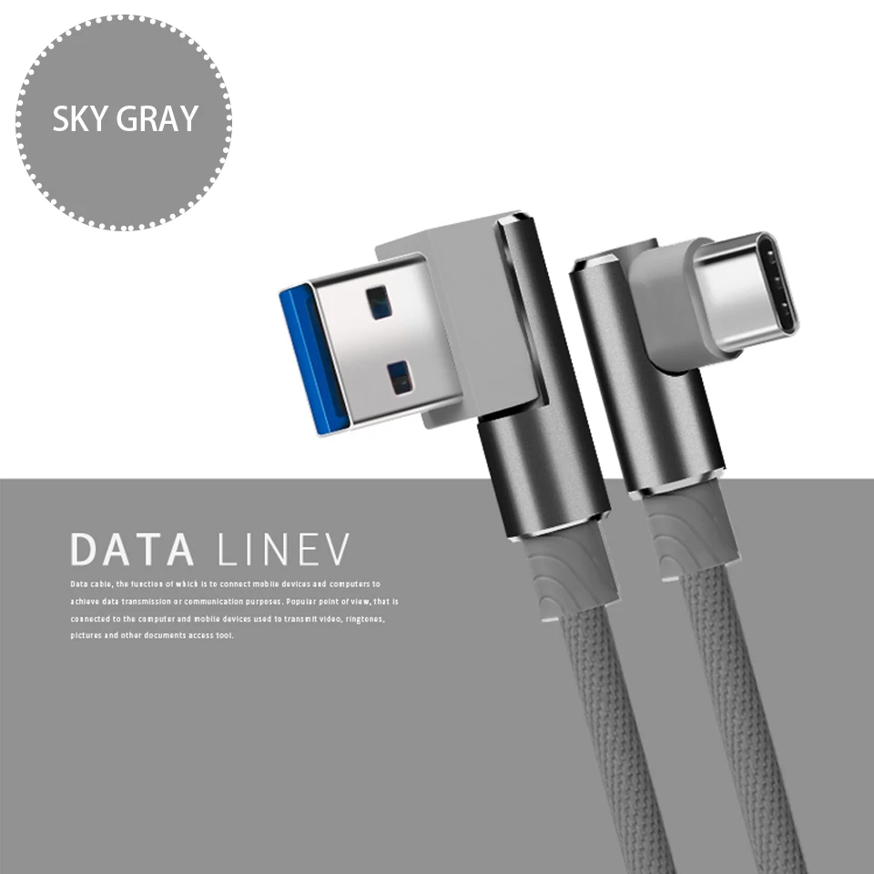 90 градусов usb type C кабель для быстрой зарядки для samsung Galaxy S9 S8 Plus Note 8 9 A3 A5 A7 прямоугольный USB-C кабель для зарядного устройства 3A - Тип штекера: gray cable