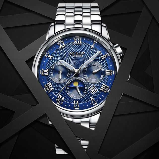 AESOP Fashion Men Watch Men Automatic Mechanical Blue Wrist Wristwatch Stainless Steel Male Clock Relogio Masculino Box 2018 31