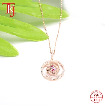 

TKJ 925 Sterling Silver Zircon Ruby Flower Pendant Necklace For Women Wedding Party Anniversary Chain Necklace Fine Jewelry