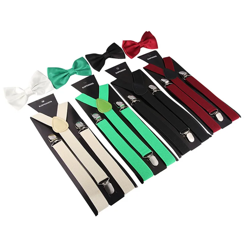 

New Solid Color Man's Belt Bowtie Set Men Women Suspenders Polyester Y-Back Braces Multi-color Bow Tie Adjustable Elastic