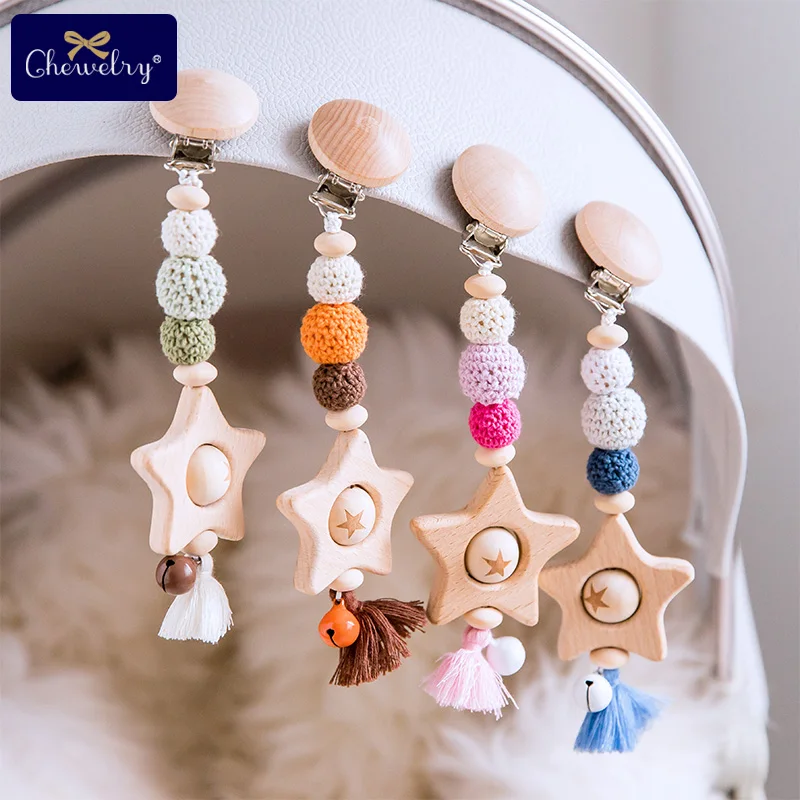 

1pc Wooden Teether Baby Pacifier Clip Chain Bpa Free Star Pendant Nipple Holder Wooden Crochet Bead Soother Clasp Nurse Gift Toy