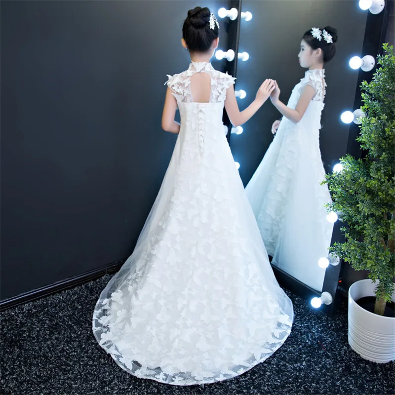 Festa de Casamento Vestidos de Bebês Show de Borboleta 2018 Nova Alta Qualidade Cor Branca Aniversário Longa Cauda Crianças Modelo Traje Vestido 11 Cheap Vestidos
