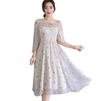 

Hot Sale Floral Printed Chiffon Dress New Sexy Perspective Horns Sleeve Gown woman dress Lotus Leaf Hem Fairy Party Summer Dress
