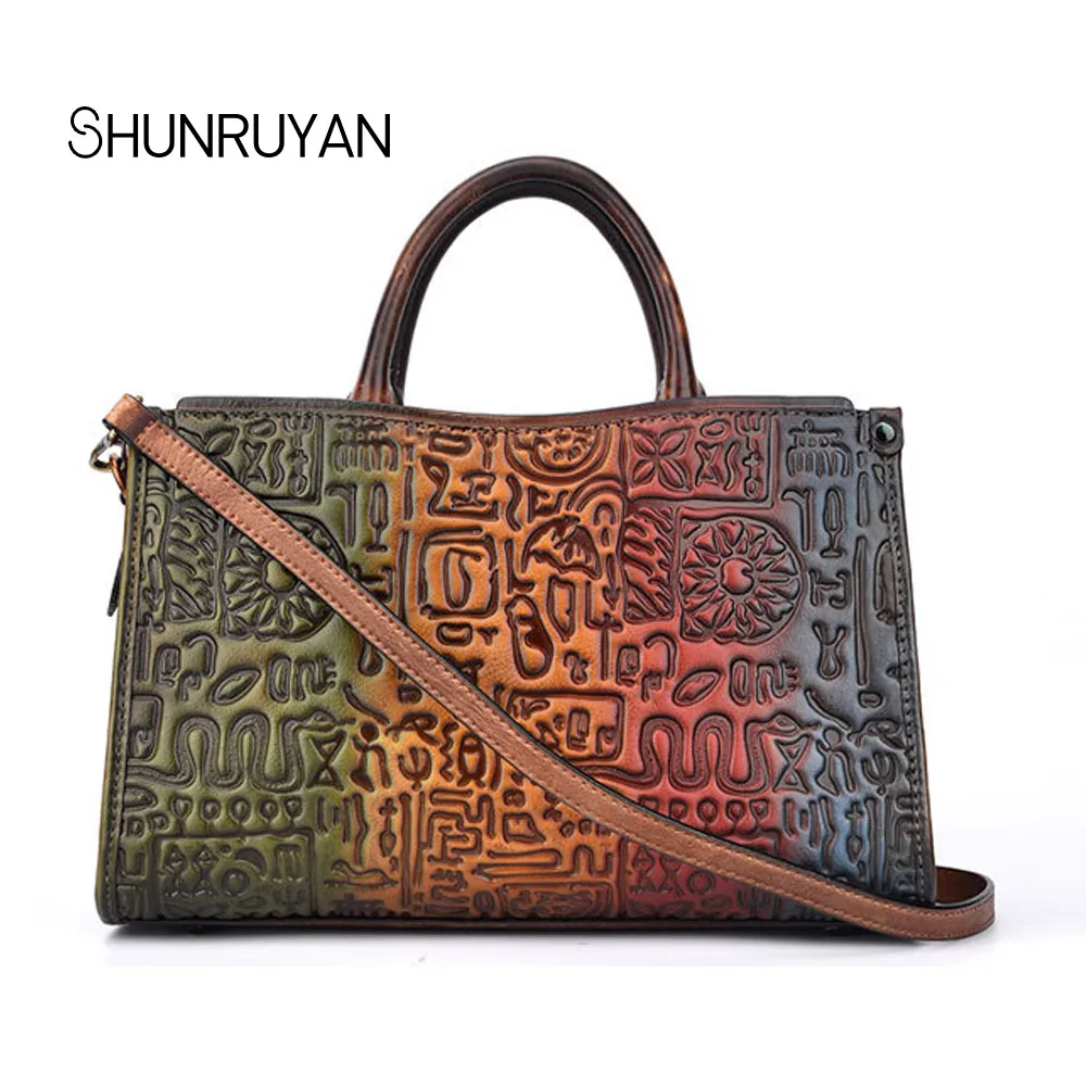 

SHUNRUYAN 2018 New fashion cow leather retro embossed Flowers messenger handbags ladies handbag Boston trend shoulder bags