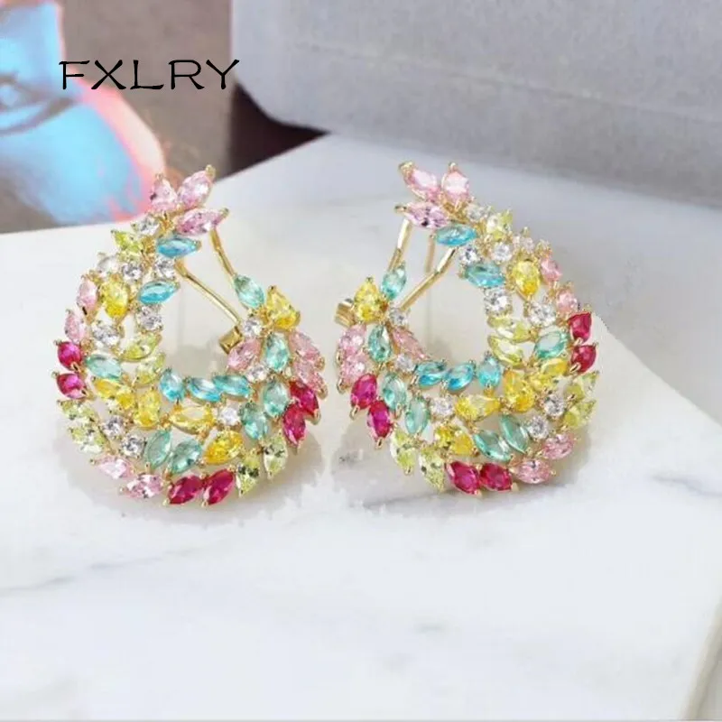 

FXLRY Luxury Romantic C-shaped micro-inlaid White/multicolor zircon stud earrings wedding dinner bridal earrings jewelry accesso